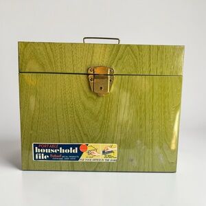 Vintage Ballonoff Portable File Metal Storage Box Case Green Wood Grain With Key